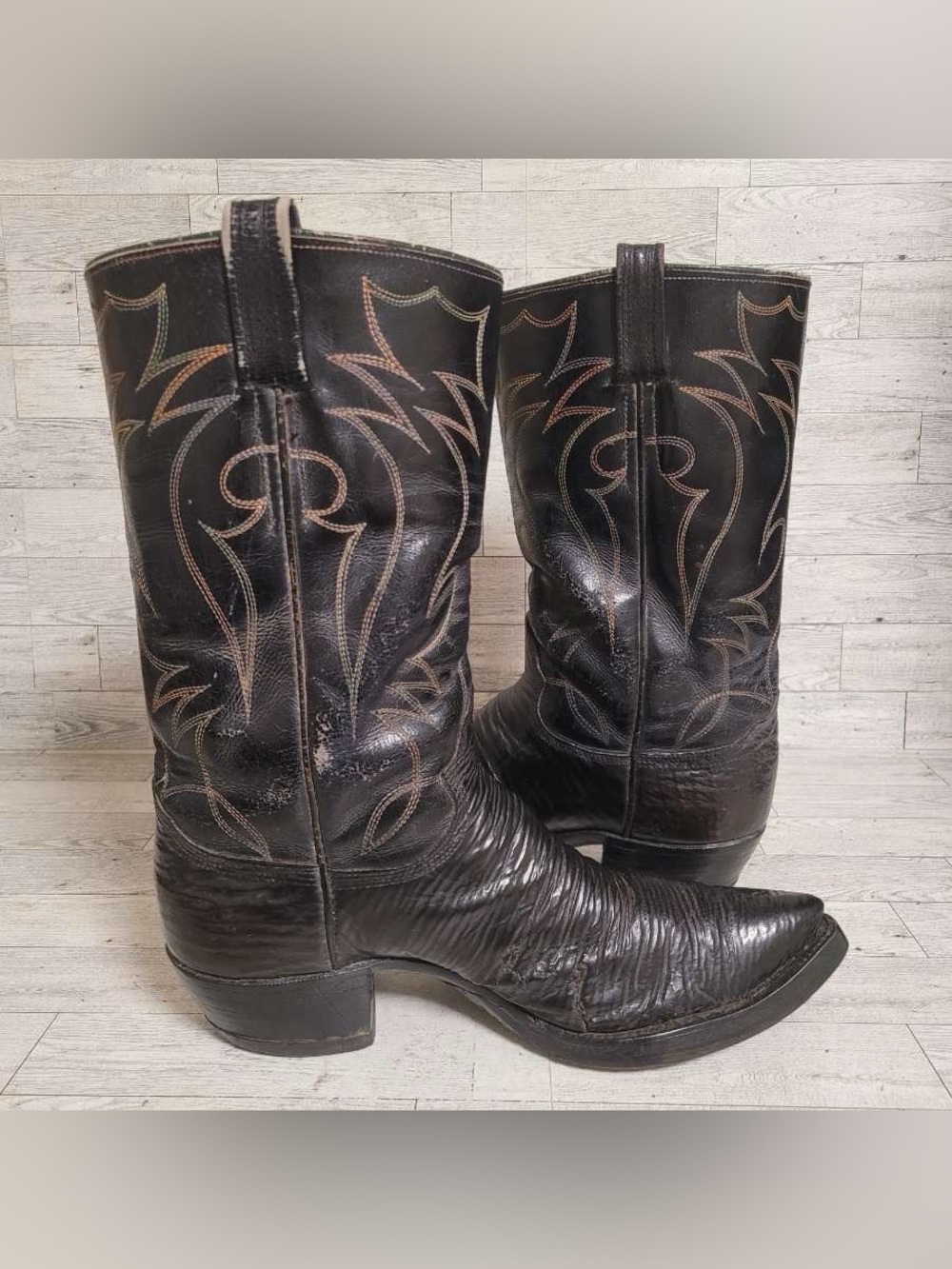 Men's 12D Custom Exotic Black Sharkskin Leather Vintage Handmade Cowboy Boots - Picture 7 of 14